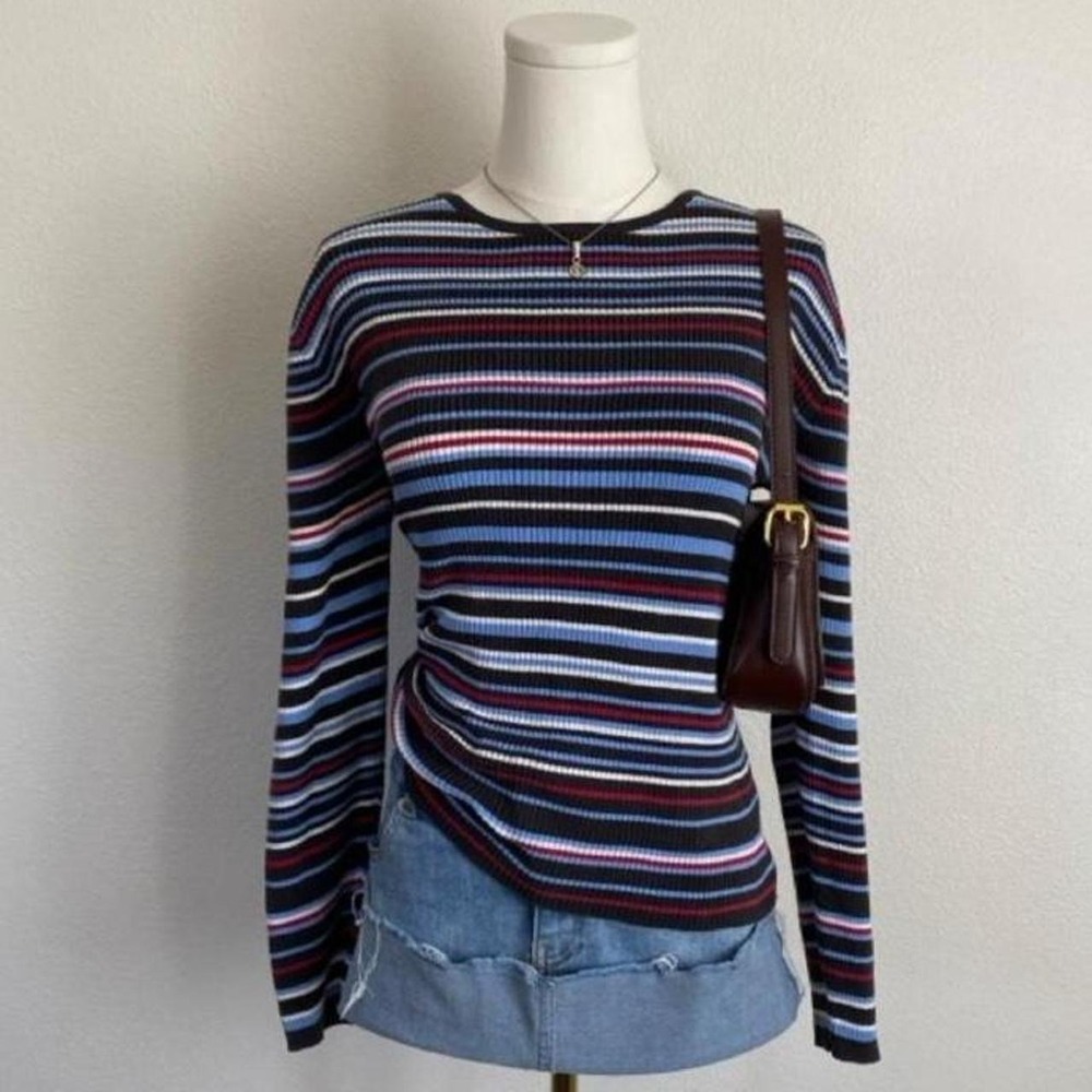 Vintage Talbots Crewneck Ribbed Striped Long Sleeve Blue White Red Top